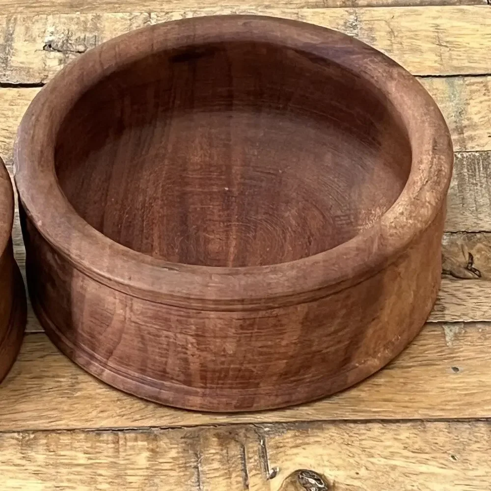 Hand-Turned Rustic Wooden Bowls Set of 2 6 in Teak Wood